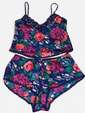DELICATES Vintage Multicolor Jeweltoned Floral 2 Piece Lingerie Set Size Small